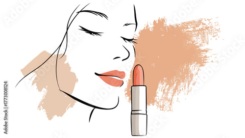 Professional Makeup Line Icon with Girl's Face and Lipstick for Beauty