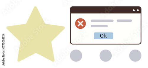 Error popup window with red cross icon, textual content, OK button, large yellow star, and three circular gray dots. Ideal for UI feedback, alerts, error states, messaging notifications web design
