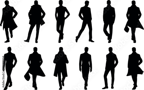 Black Silhouettes of Men in Various Poses and Outfits on White