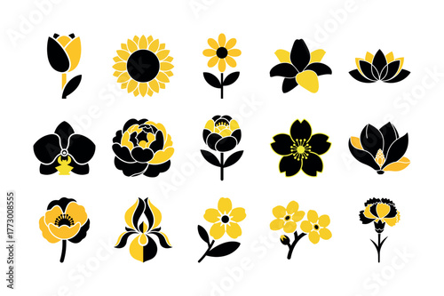 Collection of Stylized Black and Gold Flower Icons | Luxury Floral Vector Set