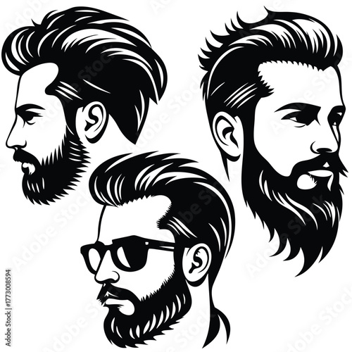 Black silhouette showcases three bearded men with varied haircuts and stylish sunglasses