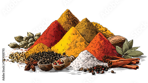 Assorted Spices and Condiments Poured in Piles Vector Illustration
