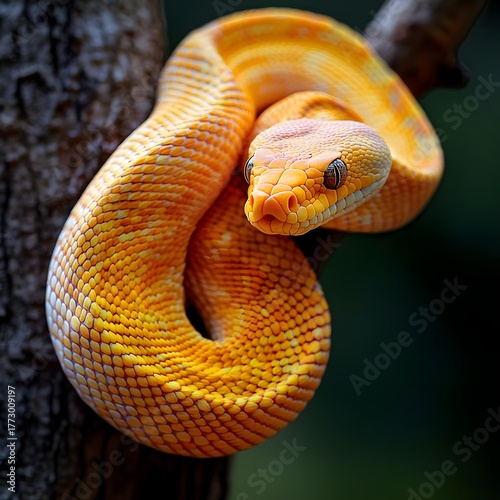 Orange and Yellow Snake Coiled on a Tree Branch reptile Photo