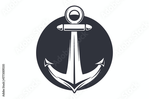 Bold, contrasting silhouette of a vintage anchor stands against a dark circular backdrop