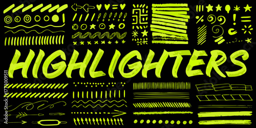 Collection of hand drawn neon yellow highlighter strokes and symbols on a black background