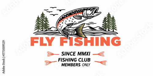 Retro fly fishing club emblem featuring a leaping trout and mountain scenery