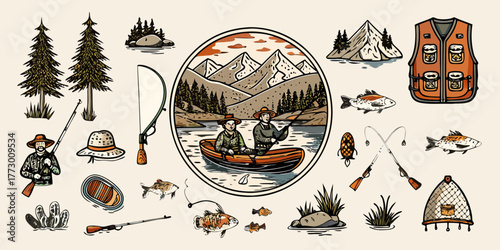 Vintage style fishing scene with two men in a boat surrounded by fishing gear and wildlife