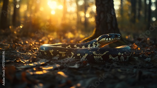 Python coiled on forest floor at sunrise snake reptile Photo