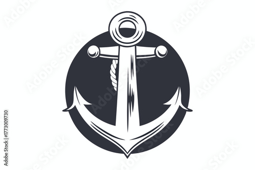 Classic monochrome anchor with a rope detail presented against a dark circular background