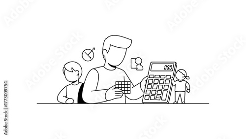 Father and children doing math with calculator