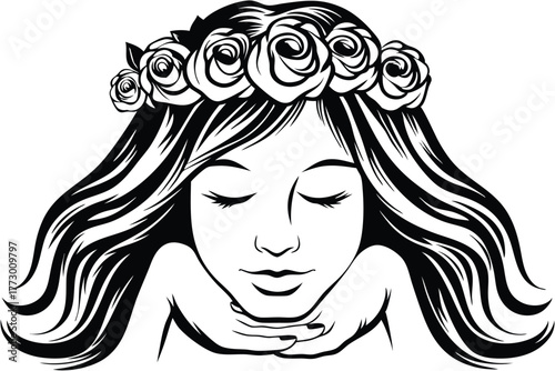 Contemplative woman adorned with a rose crown rests her chin upon delicate hands in monochrome