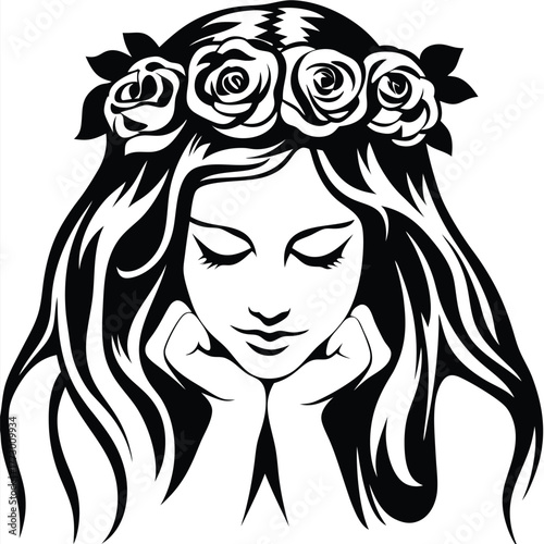 Contemplative woman with long flowing hair adorned with rose garland rests her chin in black and white