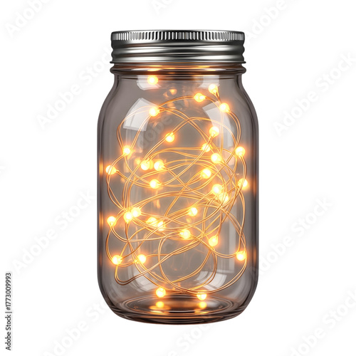 Mason jar filled with fairy lights isolated on transparent background