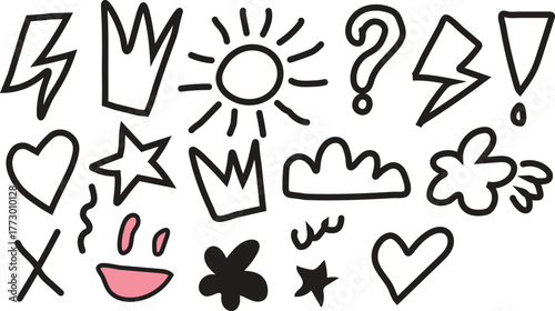 hand drawn doodle symbols black and white icons set for stickers decorations and graphic design elements