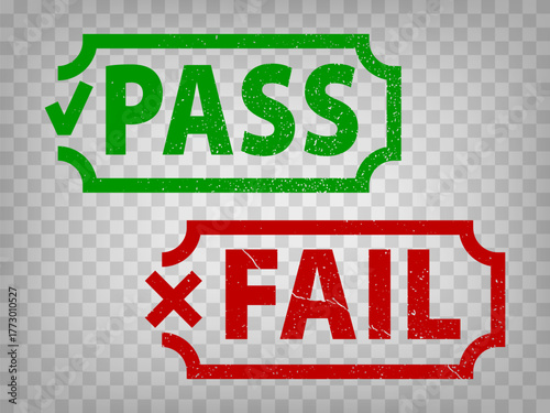 Pass and Fail grunge rubber stamps isolated on transparent  background.  Pass or Fail with check mark and cross.  Green Pass and red Fail stamps for your design, app, UI.  EPS10. 
