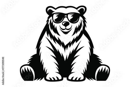 Cool black and white bear wearing sunglasses sits and smiles directly to the viewer