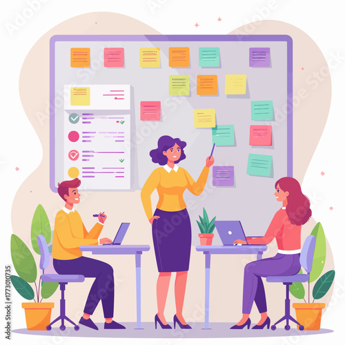 Team working on a project with sticky notes on a whiteboard.