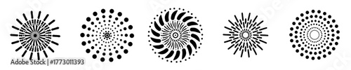 a set of five unique black and white radial designs with abstract, organic shapes