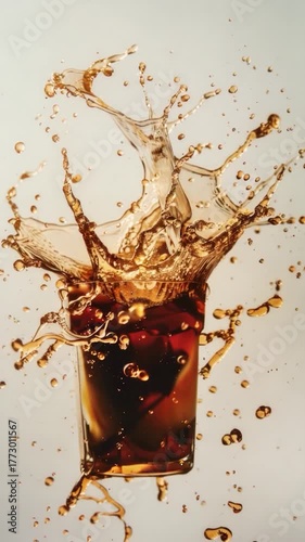 A close-up shot of a glass filled with soda, featuring a splash of liquid on the surface