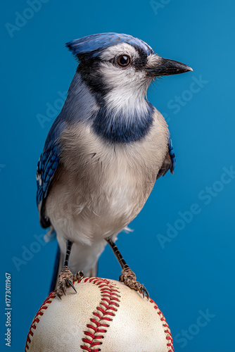 A Blue Jay Bird Perched on a Baseball on a Blue Background