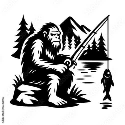 Bigfoot Fishing in Mountain Lake Black and White Vector Illustration

 

 
