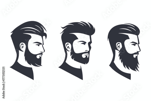 Diverse bearded man faces show varied hairstyles, presenting distinct profile portraits on white