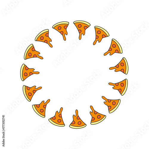 Cute round frame with doodle groovy pizza slices isolated on white background.