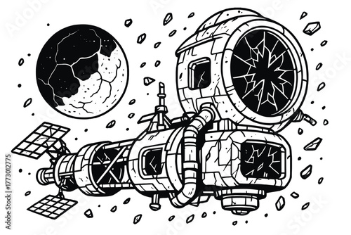 Abandoned Space Station. Abandoned space station orbiting a dead planet with shattered glass, floating debris, and eerie silence,