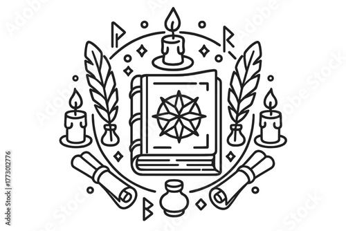 Spellbook Mandala Design. Ancient spellbook in the center with quills, scrolls, candles, and runes forming a balanced mandala,
