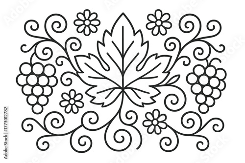 Vine Leaves Mandala. Vine leaves in the center with grapes, flowers, and spirals extending outward symmetrically, black and white