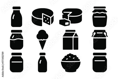 Dairy Product Icons. Solid style icons of Dairy products: milk bottle, cheese wheel, butter, yogurt cup, cream jar, ice cream,
