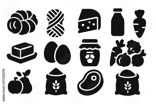 Farm Produce Icons. Solid style icons of Farm produce: wool bundle, yarn skein, cheese wheel, milk bottle, butter, eggs, honey jar