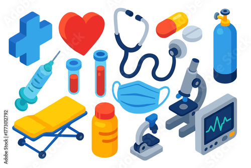 Healthcare Essentials Icons. Isometric vector illustration set Medical and Healthcare Essentials: health cross, heart, stethoscope