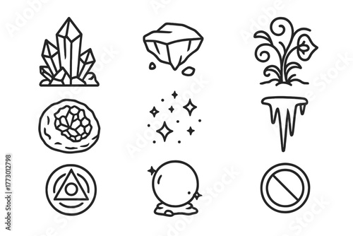 Fantasy Cave Icons. Line style icons of Fantasy Cave: Crystal Tower, Floating Rock, Luminescent Plant, Geode, Sparkling Dust,