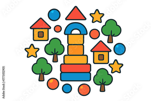 Toy Mandala Creation. Building blocks in the center with toy houses, trees, balls, and stars forming a constructive mandala