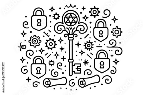 Alchemist's Key Design. Alchemist’s key in the center with locks, gears, stars, and scrolls radiating outward in magical symmetry,