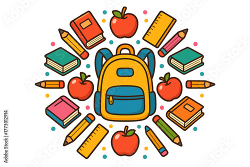 Backpack Mandala Illustration. Backpack in the middle with books, pencils, apples, and rulers radiating outward in symmetrical