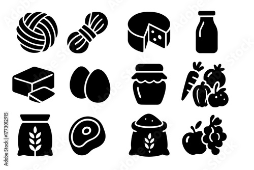 Farm Produce Icons. Solid style icons of Farm produce: wool bundle, yarn skein, cheese wheel, milk bottle, butter, eggs, honey jar