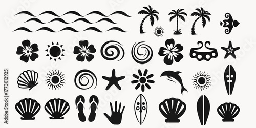 Collection of black silhouette tropical beach and ocean icons and symbols