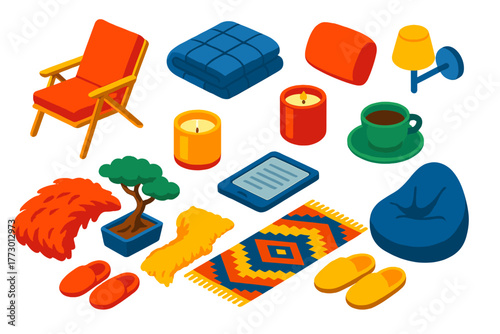 Relaxation Essentials Icons. Isometric vector illustration set relaxation and comfort: reclining lounge chair, weighted blanket,