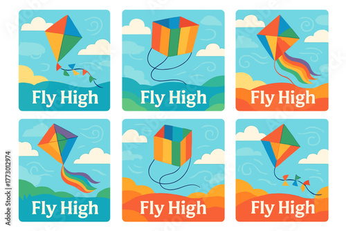 Colorful kites soaring in a bright blue sky with fluffy clouds during a sunny day in a park