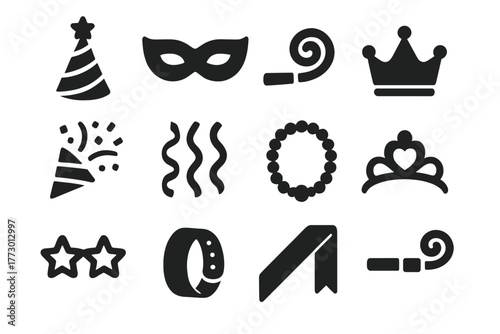 Party Accessories Icons. Solid style icons of Party accessories: party hat, mask, horn, crown, confetti popper, streamers, beads,