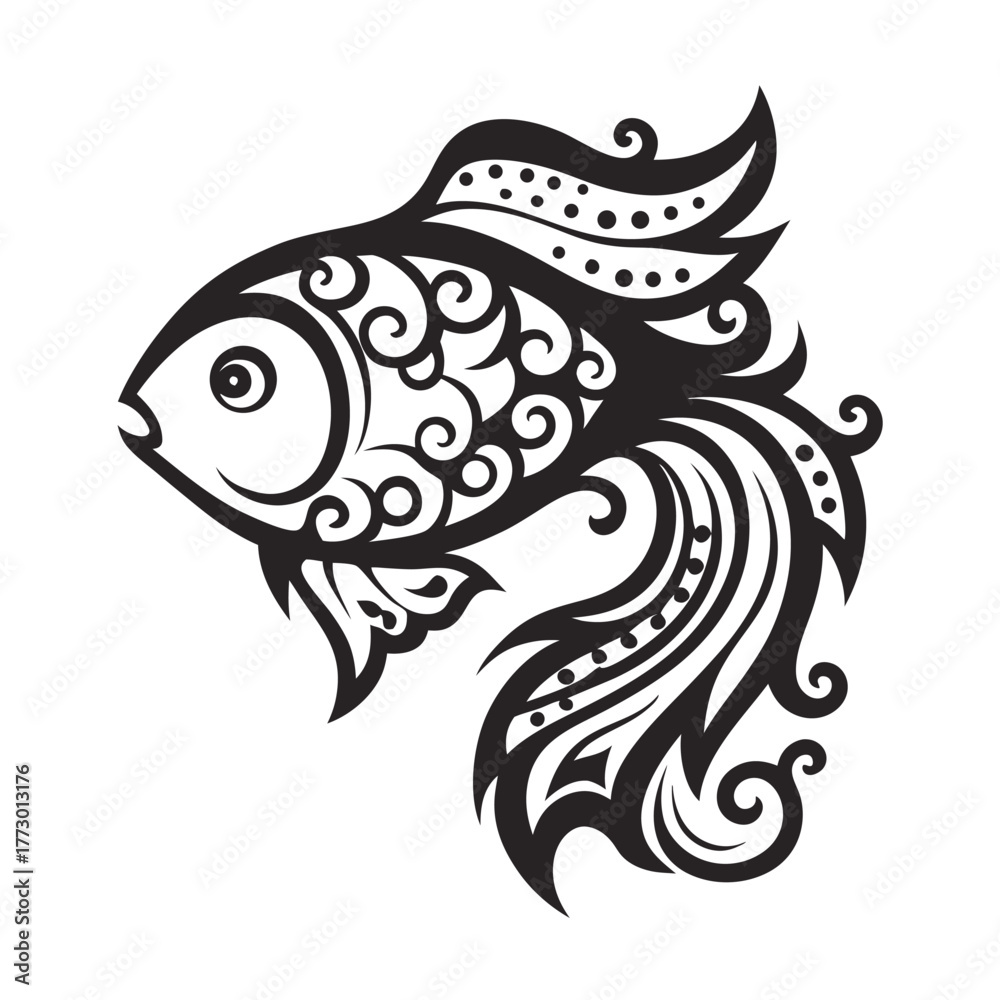 Obraz premium Elaborate swirls decorate the body of a stylized black fish with a white background