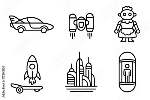 Retro Futurism Icons. Line style icons of Retro Futurism: Flying Car, Domed House, Jetpack, Robot Maid, Hoverboard, Rocket Lamp,