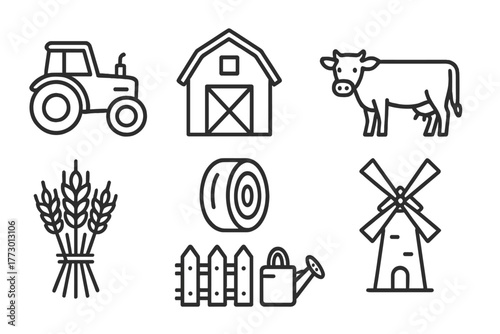Agriculture Icon Set. Line style icons of Agriculture: Tractor, Barn, Hay Bale, Cow, Wheat Sheaf, Fence, Watering Can, Windmill,