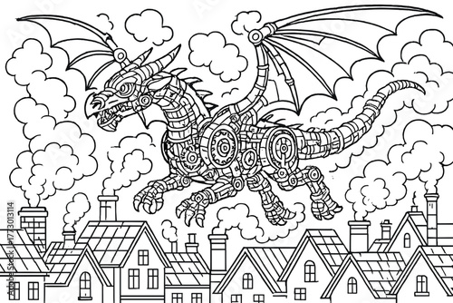 Mechanical Dragon Flight. Mechanical dragon made of gears and pipes flying over rooftops with smoke and steam clouds, black and