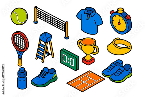 Tennis Essentials Icons. Isometric vector illustration set ball, goalpost, jersey, timer, trophy, shoes: tennis ball, tennis net,