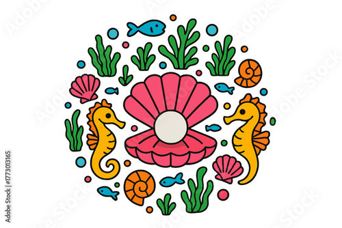 Clam's Ocean Treasure. Clam with pearl in the center, surrounded by seahorses, shells, seaweed, and tiny fish in circular symmetry
