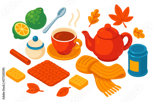 Autumn Tea Icons. Isometric vector illustration set autumn drinks and tea: Earl Grey tea cup, bergamot fruit, sugar bowl, teaspoon