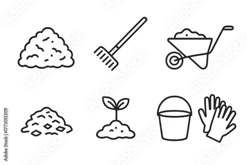 Garden Compost Tools. Line style icons of Garden Compost: Compost Pile, Rake, Hose, Wheelbarrow, Mulch, Seedling, Bucket, Gloves,